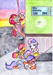 Size: 1024x1447 | Tagged: safe, artist:gafelpoez, imported from derpibooru, apple bloom, scootaloo, sunburst, sweetie belle, mouse, pony, unicorn, clothes, cutie mark crusaders, female, filly, male, musical instrument, saxophone, stallion, street, video game