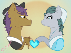 Size: 2596x1926 | Tagged: safe, artist:ponyrasmeii, imported from derpibooru, cloudy quartz, igneous rock pie, earth pony, pony, clothes, dress, hat, marriage, married couple, pairing stone, simple background, younger