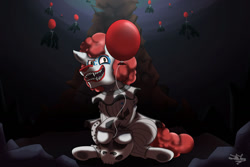 Size: 1280x854 | Tagged: safe, artist:littletigressda, imported from derpibooru, oc, oc only, earth pony, pony, balloon, crossover, it, pennywise, sewer, solo