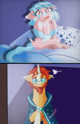 Size: 1900x2941 | Tagged: safe, artist:ponyrasmeii, imported from derpibooru, cozy glow, sunburst, pegasus, pony, unicorn, a better ending for cozy, bed, bedroom, bedsheets, crying, door, female, filly, glasses, night, panic attack, ptsd, redesign, shaking in fear, surprised, walking away, worried, worrying