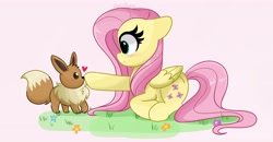 Size: 4096x2131 | Tagged: safe, artist:kittyrosie, imported from derpibooru, fluttershy, eevee, pegasus, pony, blushing, boop, cute, duo, eve, floating heart, heart, lying down, noseboop, pokémon, prone, shyabetes, smiling