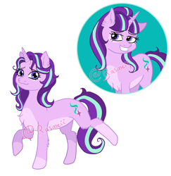 Size: 2206x2267 | Tagged: safe, artist:ponyrasmeii, imported from derpibooru, starlight glimmer, pony, unicorn, before and after, chest fluff, coat markings, facial markings, fake smile, fluffy, looking at you, nextgen:rasmeiiverse, pale belly, raised hoof, redesign, simple background, smiling, socks (coat marking), socks (coat markings), underbelly, watermark, white background