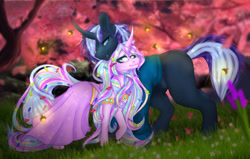 Size: 1280x812 | Tagged: safe, artist:copshop, imported from derpibooru, oc, oc only, pony, unicorn, clothes, dress, female, male, mare, nudity, sheath, stallion