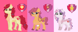 Size: 1750x725 | Tagged: safe, artist:ponyrasmeii, imported from derpibooru, apple bloom, scootaloo, sweetie belle, earth pony, pegasus, pony, unicorn, bandage, bandaid, bow, chest fluff, coat markings, cutie mark crusaders, cutie mark redesign, disabled, female, filly, hair bow, hoof polish, painted hooves, pigtails, redesign, simple background, size difference, socks (coat marking), socks (coat markings), underbelly
