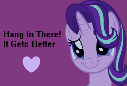 Size: 1037x706 | Tagged: safe, artist:twilyisbestpone, derpibooru exclusive, edit, edited screencap, imported from derpibooru, screencap, starlight glimmer, pony, unicorn, c:, cute, female, glimmerbetes, hair over one eye, heart, mare, positive ponies, purple background, simple background, smiling, solo, talking to viewer, truth
