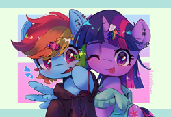 Size: 3071x2099 | Tagged: safe, artist:lexiedraw, imported from derpibooru, rainbow dash, twilight sparkle, pegasus, pony, unicorn, ;p, abstract background, blushing, clothes, cute, cute little fangs, cutie mark accessory, cutie mark hair accessory, dashabetes, duo, ear piercing, eyebrows, eyebrows visible through hair, fangs, featured image, female, hair accessory, hair ornament, high res, hoodie, lesbian, mare, one eye closed, open mouth, open smile, piercing, shipping, smiling, tongue out, twiabetes, twidash