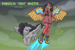 Size: 1772x1181 | Tagged: safe, artist:shacy's pagelings, imported from derpibooru, oc, oc only, oc:dim gray, human, pegasus, pony, dark skin, female, flying, humanized, solo