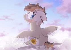 Size: 2048x1446 | Tagged: safe, artist:mochi_nation, imported from derpibooru, oc, oc only, oc:sunrich maron, pegasus, pony, blushing, cloud, cute, female, floppy ears, freckles, looking back, mare, ocbetes, on a cloud, sitting, sitting on a cloud, sitting on cloud, solo, spread wings, wings
