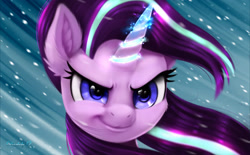Size: 3390x2100 | Tagged: safe, artist:darksly, imported from derpibooru, starlight glimmer, pony, unicorn, the ending of the end, badass, female, high res, mare, put it on my tab, scene interpretation, smiling, smirk, solo, wallpaper, wallpaper for the fearless