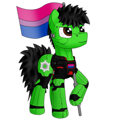 Size: 1280x1280 | Tagged: safe, artist:zocidem, imported from derpibooru, oc, oc only, oc:wrench, cyborg, earth pony, pony, armor, augmented, bisexual pride flag, pride, pride flag, simple background, solo, transparent background