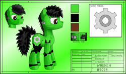 Size: 1280x749 | Tagged: safe, artist:zocidem, imported from derpibooru, oc, oc only, oc:wrench, cyborg, earth pony, pony, augmented, reference sheet