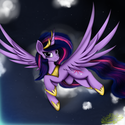 Size: 4000x4000 | Tagged: safe, artist:ser-p, imported from derpibooru, twilight sparkle, alicorn, pony, the last problem, absurd resolution, female, flying, mare, older, older twilight, princess twilight 2.0, signature, solo, spread wings, twilight sparkle (alicorn), wings