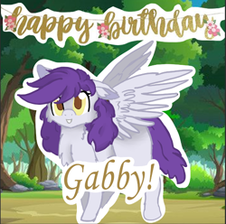 Size: 512x508 | Tagged: safe, artist:i swear on the river styx, imported from derpibooru, oc, oc only, oc:gabriel, bat pony, pegasus, pony, birthday, birthday art, female, forest, text