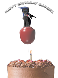 Size: 386x512 | Tagged: safe, artist:bryan t bacon terrorizer, imported from derpibooru, oc, oc only, oc:gabriel, bat pony, pegasus, balloon, cake, canadian scarf, candle, chocolate cake, clothes, female, food, photoshop, red, scarf, simple background, standing on balloon, text, transparent background