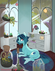 Size: 2000x2561 | Tagged: safe, artist:slowpoke, imported from derpibooru, oc, oc only, oc:moon drop, pony, unicorn, book, mushroom, plants, solo, terrarium, tree