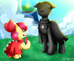 Size: 1463x1210 | Tagged: safe, artist:starflashing twinkle, imported from derpibooru, apple bloom, earth pony, bowknot, candle, candlelight, cape, clothes, cloud, cute, fire, grass, open mouth, sky, sky:children of the light, sunlight