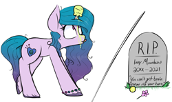Size: 1101x652 | Tagged: safe, artist:pinkberry, imported from derpibooru, imported from ponybooru, izzy moonbow, pony, unicorn, ball, colored, colored sketch, female, food, g5, gravestone, horn, horn guard, hornball, ice cream, implied death, izzy impaling things, izzy's tennis ball, mare, melted ice cream, messy, messy eating, pistachio (ice cream), rest in peace, simple background, sketch, solo, tennis ball, white background