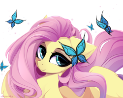 Size: 5000x4000 | Tagged: source needed, safe, artist:xsatanielx, imported from derpibooru, fluttershy, butterfly, pegasus, pony, cheek fluff, chest fluff, cute, daaaaaaaaaaaw, ear fluff, eyeshadow, female, floppy ears, lidded eyes, looking at you, makeup, mare, shyabetes, signature, simple background, smiling, solo, spread wings, white background, wing fluff, wings