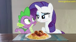 Size: 1136x640 | Tagged: safe, artist:georgegarza01, imported from derpibooru, rarity, spike, dragon, blushing, female, food, lady and the tramp, male, movie reference, pasta, reference, shipping, show accurate, spaghetti, spaghetti and meatballs, sparity, straight, winged spike, wings