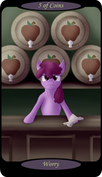 Size: 1500x2591 | Tagged: safe, artist:sixes&sevens, imported from derpibooru, berry punch, berryshine, earth pony, pony, bar, barrel, female, five of coins, looking at you, minor arcana, rag, solo, tarot card, unamused