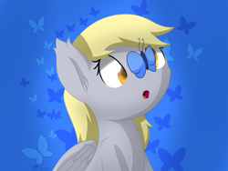 Size: 2048x1536 | Tagged: safe, artist:icy wings, imported from derpibooru, derpy hooves, butterfly, pegasus, pony, butterfly on nose, cross-eyed, cute, derpabetes, ear fluff, insect on nose, solo