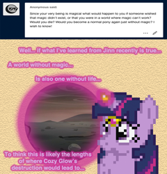 Size: 504x526 | Tagged: safe, artist:verve, imported from derpibooru, twilight sparkle, alicorn, genie, pony, ask genie twilight, alternate timeline, ashlands timeline, ask, barren, female, geniefied, implied genocide, magic, mare, pixel art, post-apocalyptic, solo, twilight sparkle (alicorn), wasteland