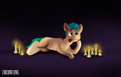 Size: 2000x1264 | Tagged: safe, artist:circumflexs, imported from derpibooru, hitch trailblazer, earth pony, pony, candle, fire, flower, flower in mouth, g5, hoof on face, looking at you, lying, male, melting, mouth hold, romantic, rose, rose in mouth, solo, stallion, unshorn fetlocks