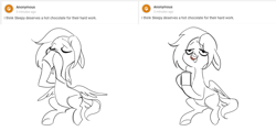 Size: 1783x850 | Tagged: safe, artist:glacierclear, imported from derpibooru, oc, oc only, oc:sleepy scribble, pegasus, pony, 2 panel comic, ask, chocolate, comic, curiouscat, drinking, eyes closed, female, floppy ears, food, hoof hold, hot chocolate, lidded eyes, mare, milk moustache, pegasus oc, relaxing, sitting, solo, spread wings, wings