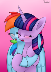 Size: 2480x3507 | Tagged: safe, artist:twidasher, imported from derpibooru, rainbow dash, twilight sparkle, pegasus, pony, unicorn, blushing, duo, eyes closed, feather, female, gradient background, hug, lesbian, open mouth, purple background, shipping, signature, simple background, twidash, unicorn twilight