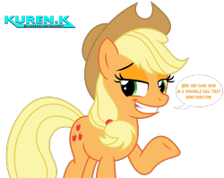 Size: 1948x1553 | Tagged: safe, artist:kuren247, imported from derpibooru, applejack, earth pony, pony, cowboy hat, female, grin, hat, looking at you, mare, pun, simple background, smiling, solo, speech bubble, transparent background