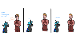 Size: 1920x997 | Tagged: safe, artist:loshad the bughorse, artist:un simple tio, imported from derpibooru, oc, oc only, oc:loshad, changeling, hybrid, dialogue, grammar error, horn, humanoid, odo, star trek, star trek: deep space nine