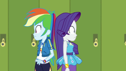 Size: 1280x720 | Tagged: safe, imported from derpibooru, screencap, rainbow dash, rarity, best trends forever, equestria girls, equestria girls series, back to back, best trends forever: rainbow dash, bracelet, clothes, cutie mark, cutie mark on clothes, duo, duo female, female, geode of shielding, geode of super speed, hoodie, jewelry, lockers, magical geodes, rarity peplum dress