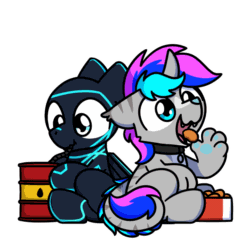 Size: 1000x1000 | Tagged: safe, artist:sugar morning, imported from derpibooru, part of a set, oc, oc only, oc:hornet, oc:spiral light, hybrid, original species, plane pony, pony, animated, chibi, chicken meat, chicken nugget, collar, commission, cute, daaaaaaaaaaaw, drinking, eating, food, frame by frame, gasoline, gif, jet fuel, male, meat, ocbetes, plane, simple background, sitting, stallion, sugar morning's snacc and drincc, transparent background, ych result