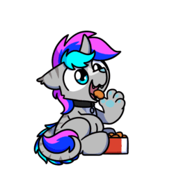 Size: 1000x1000 | Tagged: safe, artist:sugar morning, imported from derpibooru, part of a set, oc, oc only, oc:spiral light, hybrid, original species, pony, animated, chibi, chicken meat, chicken nugget, collar, commission, cute, daaaaaaaaaaaw, eating, food, frame by frame, gif, male, meat, ocbetes, omnivore, simple background, sitting, solo, stallion, sugar morning's snacc and drincc, transparent background, ych result