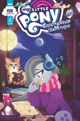 Size: 2063x3131 | Tagged: safe, artist:justasuta, idw, imported from derpibooru, marble pie, cat, spoiler:comic, spoiler:comic99, cover, headphones, listening to music, lofi hip hop radio - beats to relax/study to, moon, mouth hold, night, reading, season 10