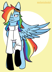 Size: 1000x1400 | Tagged: safe, artist:mechanakal, imported from derpibooru, rainbow dash, pegasus, pony, fanfic:rainbow factory, clothes, fanfic art, gloves, goggles, lab coat, lidded eyes, smiling, solo, spread wings, wings