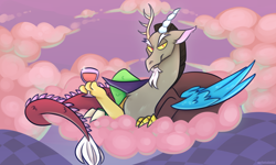 Size: 2400x1440 | Tagged: safe, artist:mechanakal, imported from derpibooru, discord, draconequus, alcohol, cloud, laying on a cloud, lidded eyes, looking at you, lying on a cloud, smiling, solo, wine, wineglass