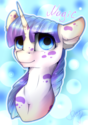 Size: 1045x1472 | Tagged: safe, artist:r-r-rosie, imported from derpibooru, oc, oc only, pony, unicorn, bust, looking at you, smiling, solo