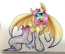 Size: 1080x894 | Tagged: safe, alternate version, artist:moshi.poni, imported from derpibooru, fluttershy, bat pony, pony, bat ponified, bat wings, ear fluff, eyelashes, female, flutterbat, glowing eyes, lineart, lined paper, mare, open mouth, partial color, race swap, raised hoof, signature, smiling, solo, spread wings, traditional art, wings