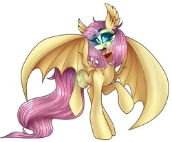 Size: 1053x871 | Tagged: safe, alternate version, artist:moshi.poni, imported from derpibooru, fluttershy, bat pony, pony, bat ponified, bat wings, colored, ear fluff, eyelashes, female, flutterbat, glowing eyes, mare, open mouth, race swap, raised hoof, simple background, smiling, solo, white background, wings