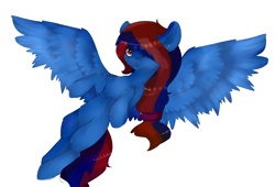 Size: 2200x1500 | Tagged: safe, artist:r-r-rosie, imported from derpibooru, oc, oc only, pegasus, pony, flying, hair over one eye, looking at you, solo, spread wings, wings