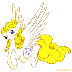 Size: 1100x1100 | Tagged: safe, artist:mechanakal, imported from derpibooru, surprise, pegasus, pony, flying, looking at you, open mouth, smiling, solo, spread wings, wings