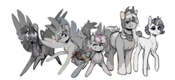 Size: 640x291 | Tagged: safe, artist:ashtodusk, artist:bokkitoki, imported from derpibooru, applejack, fluttershy, pinkie pie, rainbow dash, rarity, twilight sparkle, alicorn, earth pony, pegasus, unicorn, alternate hairstyle, black and white, chest fluff, glasses, goggles, grayscale, grin, mane six, monochrome, mouth hold, nervous, one eye closed, redesign, short hair, smiling, straw, sweat, twilight sparkle (alicorn), wink, wip