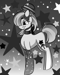 Size: 1080x1350 | Tagged: safe, artist:tessa_key_, imported from derpibooru, oc, oc only, earth pony, pony, choker, clothes, earth pony oc, eyelashes, female, grayscale, hat, mare, monochrome, smiling, socks, solo, stars
