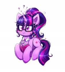 Size: 1737x1908 | Tagged: safe, artist:confetticakez, imported from derpibooru, sci-twi, twilight sparkle, pony, unicorn, equestria girls, :<, adorkable, blushing, book, bookhorse, bowtie, clothes, confused, cute, dork, equestria girls ponified, female, glasses, lying down, mare, meganekko, neck bow, ponified, ponytail, question mark, reading, sci-twiabetes, simple background, solo, twiabetes, unicorn sci-twi, unicorn twilight, white background