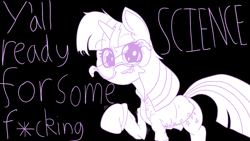 Size: 1280x720 | Tagged: safe, artist:mallowzartz, imported from derpibooru, twilight sparkle, pony, unicorn, clothes, goggles, lab coat, looking at you, smiling, vulgar