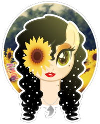 Size: 1986x2476 | Tagged: safe, artist:amgiwolf, imported from derpibooru, oc, oc only, oc:amgi, earth pony, pony, bust, earth pony oc, eyelashes, female, flower, flower in hair, jewelry, lipstick, mare, necklace, red lipstick, simple background, solo, sunflower, transparent background