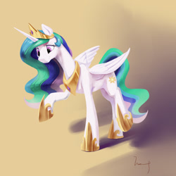 Size: 1024x1024 | Tagged: safe, artist:770418gyygy, imported from derpibooru, princess celestia, alicorn, pony, crown, female, jewelry, looking down, mare, raised hoof, regalia, smiling, solo, standing, style emulation, three quarter view, wings