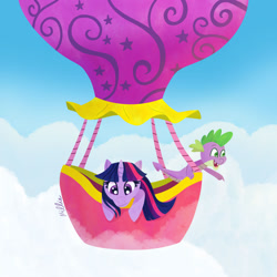 Size: 1280x1280 | Tagged: safe, artist:milliedubois, artist:millieduboisart, imported from derpibooru, spike, twilight sparkle, dragon, pony, unicorn, cloud, duo, fangs, female, happy, hot air balloon, male, mare, open mouth, twinkling balloon, unicorn twilight