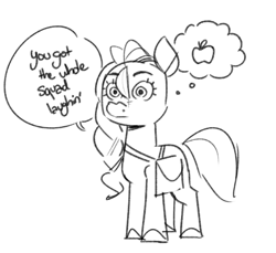 Size: 786x721 | Tagged: safe, artist:kylesmeallie, imported from derpibooru, sunny starscout, earth pony, pony, apple, bag, bow, dialogue, food, g5, hair bow, satchel, sketch, solo, thought bubble, wide eyes